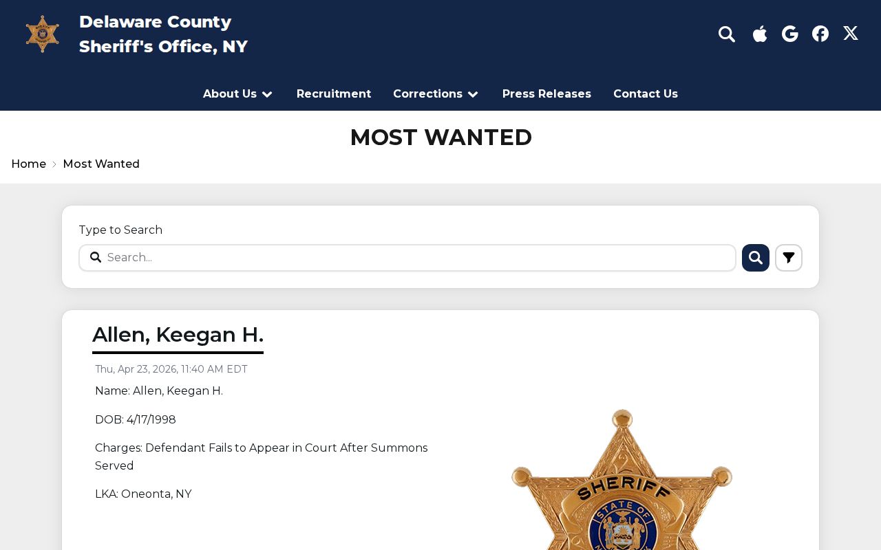 Delaware County Most Wanted official Sheriff warrant-list search
